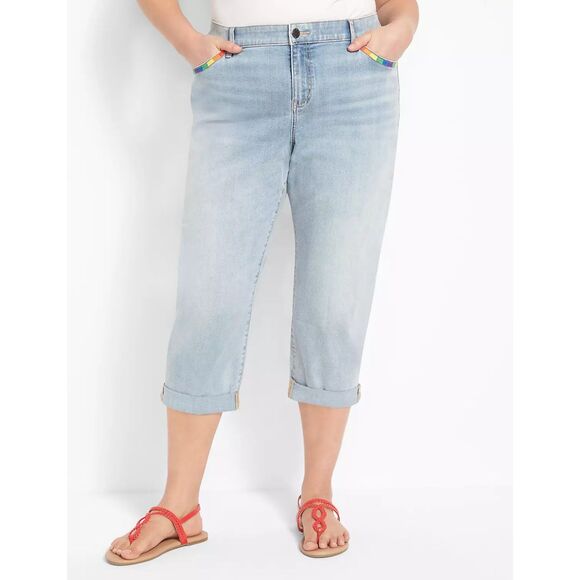 Lane Bryant Signature Fit Boyfriend Capri - Pride Embroidered Light Wash 16 - Picture 2 of 8